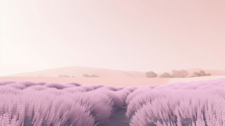 Tranquil purple lavender field with a distant hill under a pink sky at dusk. Created using AI Generated technology and image editing software.の素材