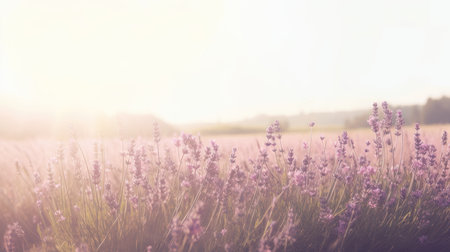 Serenity at sunset with a field of blooming lavender flowers. Created using AI Generated technology and image editing software.の素材