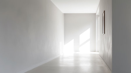 Sunlight illuminates a white hallway with framed artwork on the wall. Created using AI Generated technology and image editing software.の素材