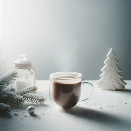 Winter hot cocoa with snow decor. Created using AI Generated technology and image editing software.の素材