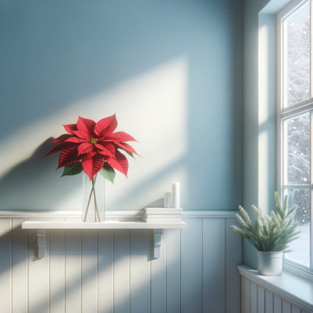 Poinsettia in snow light blue wall. Created using AI Generated technology and image editing software.の素材