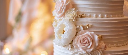 White floral wedding cake. Copy space. Created using AI generated technology and image editing software.の素材