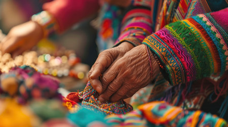 Hand of elderly woman in traditional costume. Created using AI generated technology and image editing software.の素材