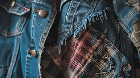 Close up of frayed denim and plaid detail. Created using AI generated technology and image editing software.の素材