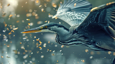 Heron in flight. Created using AI generated technology and image editing software.の素材