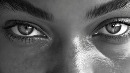 Gaze in close up monochrome. Created using AI generated technology and image editing software.の素材