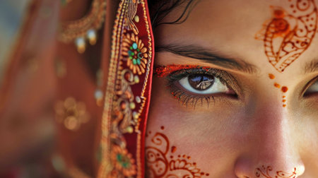 Eyes adorned with traditional henna artistry. Created using AI generated technology and image editing software.の素材