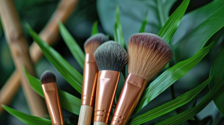 Elegant makeup brushes with a botanical background. Created using AI generated technology and image editing software.の素材
