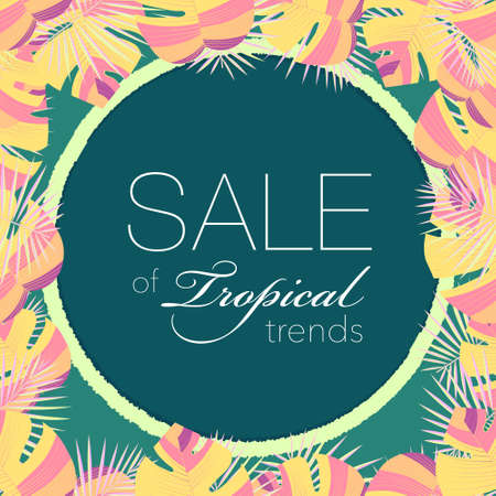 Floral tropical exotic background. Design for banner,poster or wedding invitation template. Cool decorative nature summer illustration with leafs frame. Cute template for sale or vacation flyerのイラスト素材