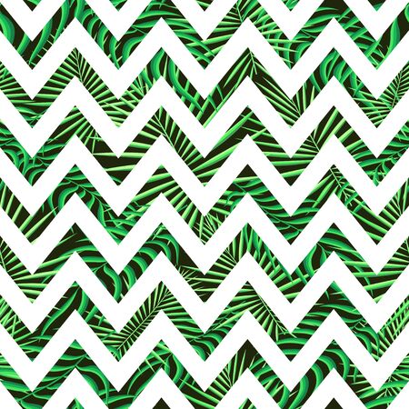 Tropics seamless pattern background. Modern exotic tropical leaves,backdrop pattern with seamless zigzag lines. Summer colorful trendy natural print for decoration fabric, fashion textile. Vector artのイラスト素材