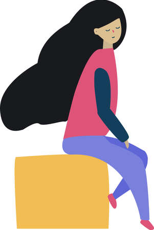 Young beautiful girl sitting on the box, vector illustrationのイラスト素材