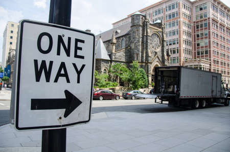 One way traffic sign in the cityの写真素材