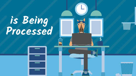 is being processed , web, horse head, working, office and animal, cool color, laptop in room.のイラスト素材