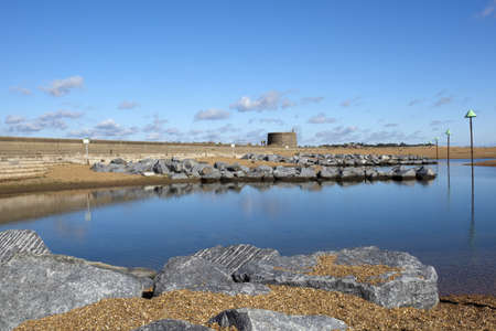 Felixstowe beach and martello tower, Suffolk, Englandの写真素材