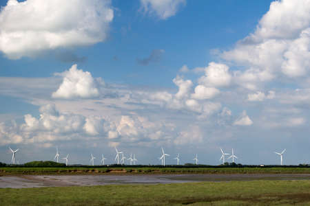 Wind turbines along the River Couch, viewed from Wallasea Island, Essex, England,