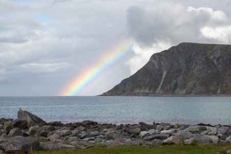 Rainbow at Flakstad, Lofoten Islands, Norwayの写真素材
