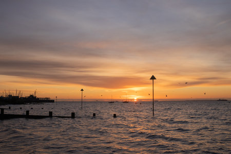 Sunrise at Leigh-on-Sea, near Southend-on-Sea, Essex, England, United Kingdomの写真素材