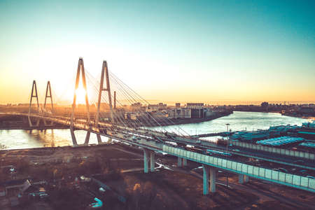Aerial Drone Flight View of freeway busy city rush hour heavy traffic jam highway.の写真素材