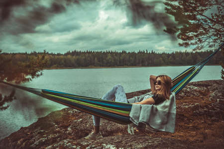 Night Camping In A Tent On The Lake In Republic of Karelia, Russiaのeditorial素材