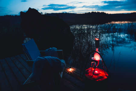 Night hookah on the nature. Near the tent camping on the lake.のeditorial素材