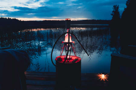 Night hookah on the nature. Near the tent camping on the lake.のeditorial素材