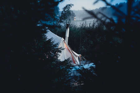 Night Camping In A Tent On The Lake In Republic of Karelia, Russiaのeditorial素材