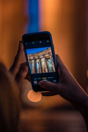 Female Traveler On The Background Of Kazan cathedral in st.petersburg, russiaのeditorial素材