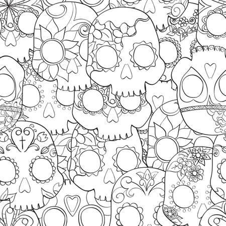Seamless pattern with mexican skulls for Day of the Dead (Dia de los Muertos) celebration, vector illustrationのイラスト素材