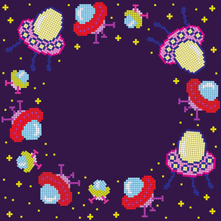 Pixel cartoon ufo frame, vector illustrationのイラスト素材