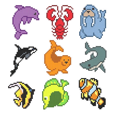 Set pixel sea animals, vector illustration.のイラスト素材