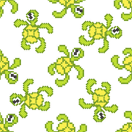 Seamless pattern with pixel turtle, vector illustration.のイラスト素材