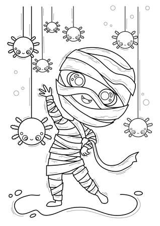 Coloring page with mummy and spiders, hand-drawn vector illustration.のイラスト素材