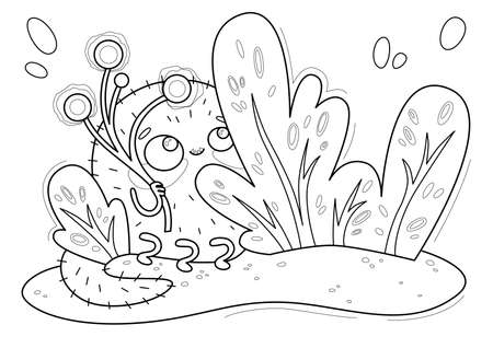 Cartoon page for coloring book with little cute monster, hand-drawn vector illustration.のイラスト素材