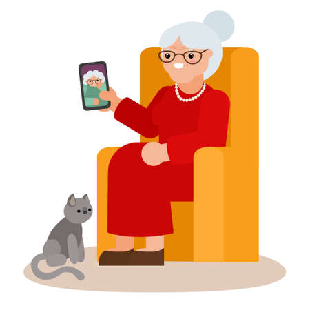 Happy old happy woman with phone talking to a friend over video, vector illustration.のイラスト素材
