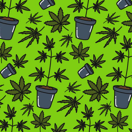 marijuana plant seamless doodle pattern, vector color illustrationのイラスト素材