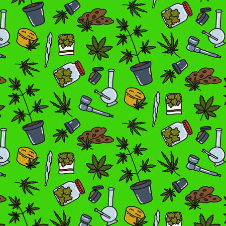 marijuana seamless doodle pattern, vector color illustrationのイラスト素材