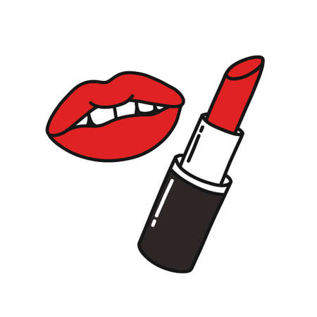 lipstick and lips doodle icon, vector color illustrationのイラスト素材