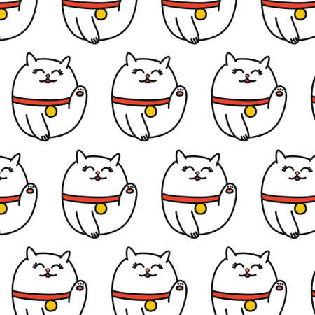 maneki neko in a protective mask seamless doodle pattern, vector color illustrationのイラスト素材