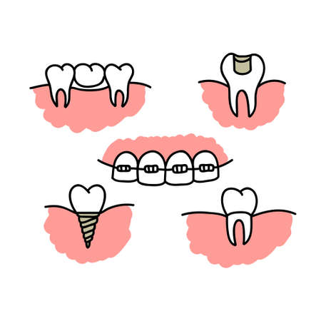 dental doodle set icons, vector color illustrationのイラスト素材