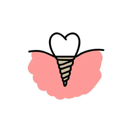 dental implant doodle icon, vector color illustration