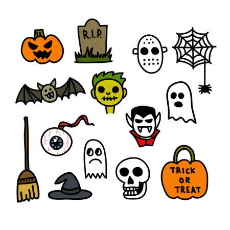 halloween doodle icons, vector color illustrationのイラスト素材