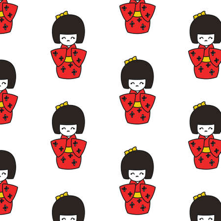 kokeshi doll seamless doodle pattern, vector color illustrationのイラスト素材