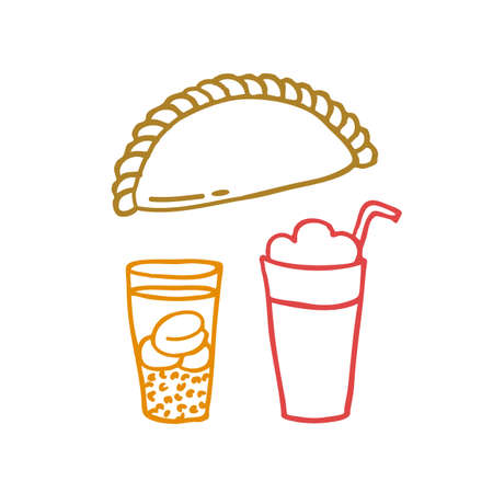 Empanada. stuffed bread or pastry baked or fried in many countries of Latin America. terremoto, chilean traditional drink. mote con huesillo, vector color illistrationのイラスト素材