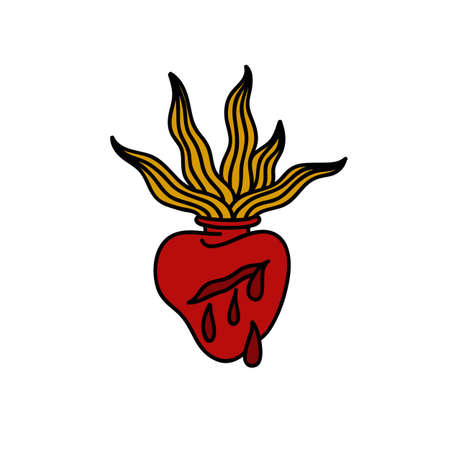 flaming heart doodle traditional tattoo illustration, vector color illistrationのイラスト素材
