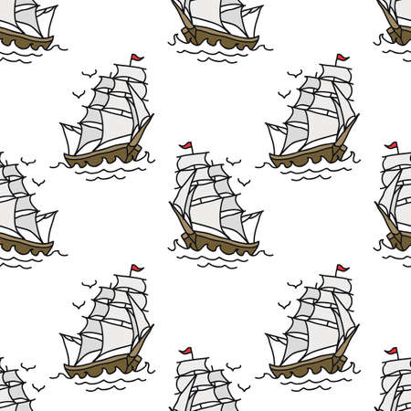 ship. traditional tattoo flash seamless doodle pattern, vector color illustrationのイラスト素材