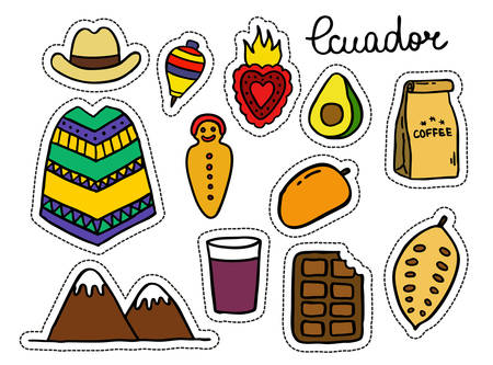 Ecuador doodle icons. Ecuadorian theme, vector color illustrationのイラスト素材