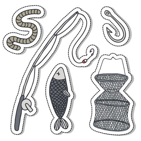 fishing doodle icons, vector color illustrationのイラスト素材
