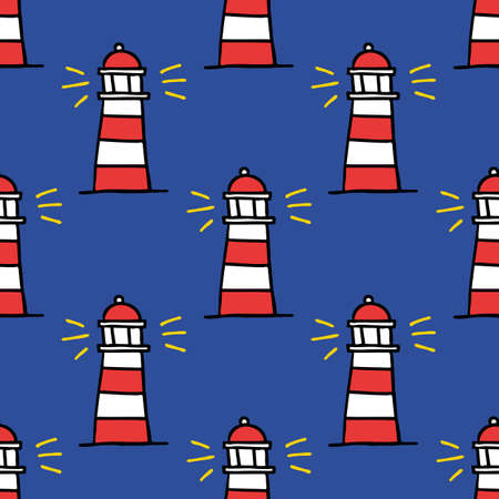lighthouse seamless doodle pattern, vector illustrationのイラスト素材