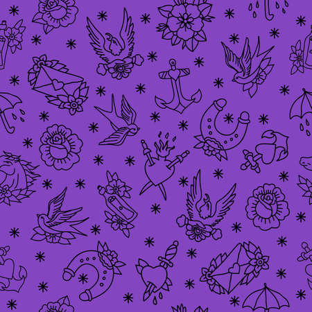 traditional tattoo flash seamless doodle patternのイラスト素材