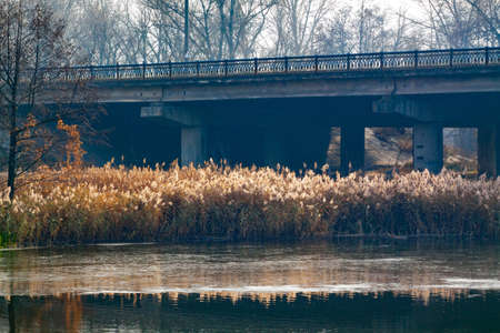 Bridge in cloudy autumn weather across the river.の写真素材